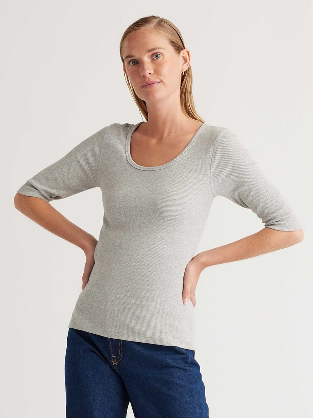 Quince 100% Organic Cotton Scoop Neck 1/2 Sleeve Ribbed Women’s Sz L